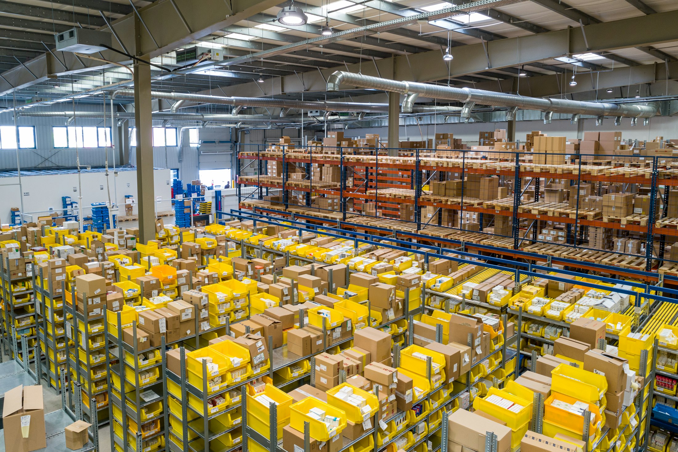 Aviation parts warehouse with organized inventory shelves